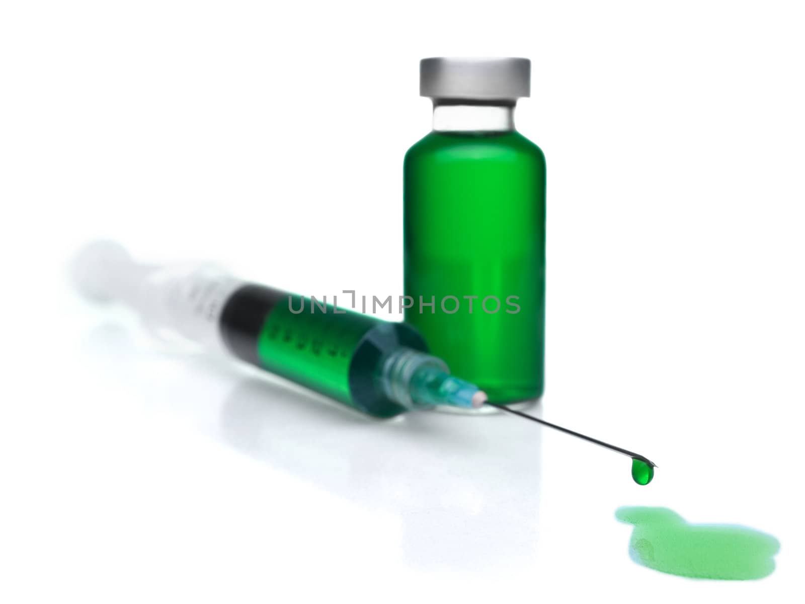 Close up of a syringe and a vial filled with green liquid.