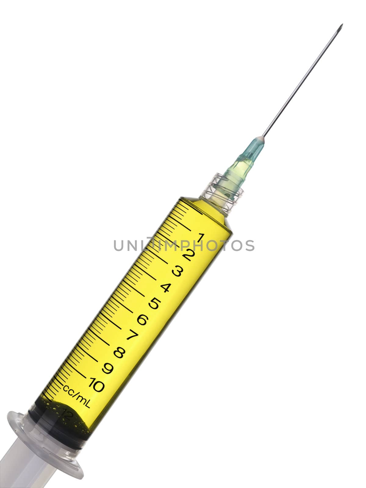 Close up of a syringe filled with yellow liquid.