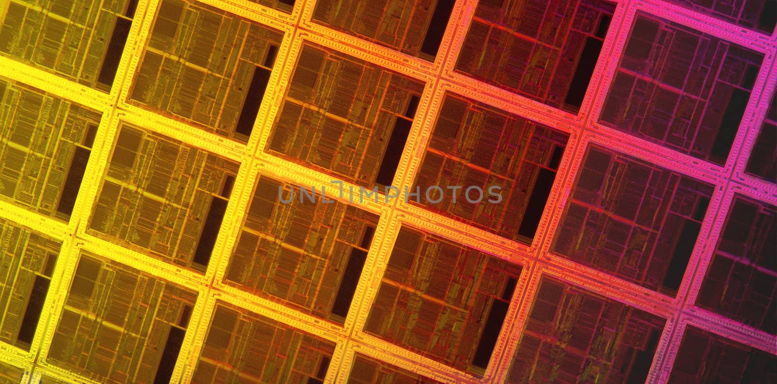 colorful close up of silicon wafer with microprocessors