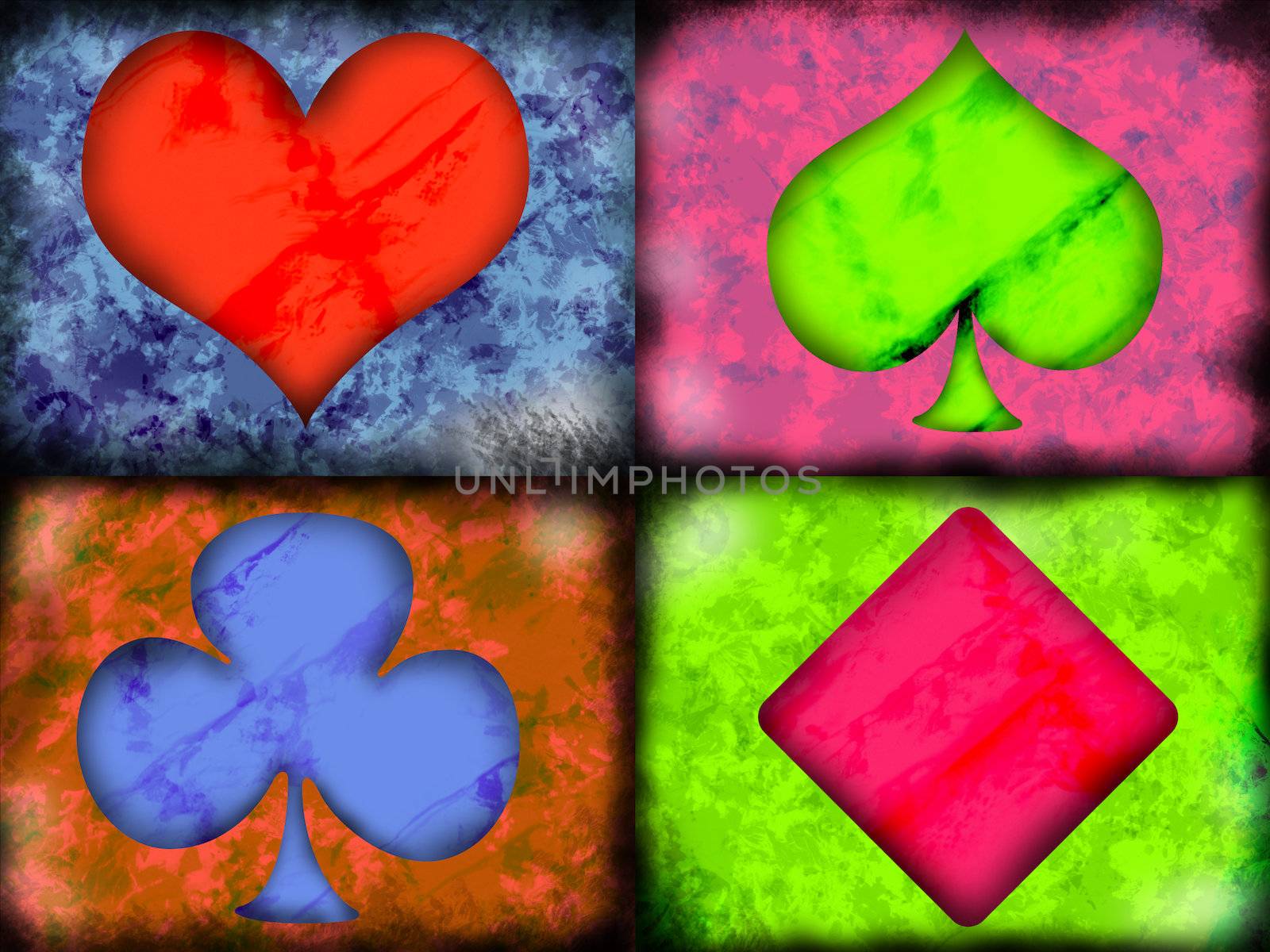 Depiction of the four suits of playing cards in a grunge style
