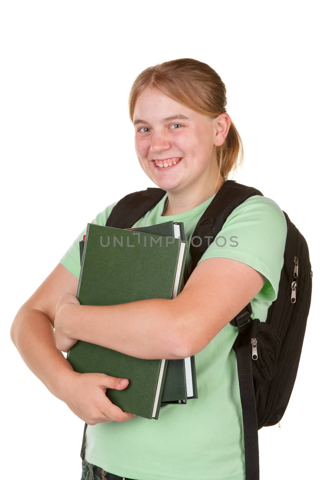 teenage girl ready for college on white background