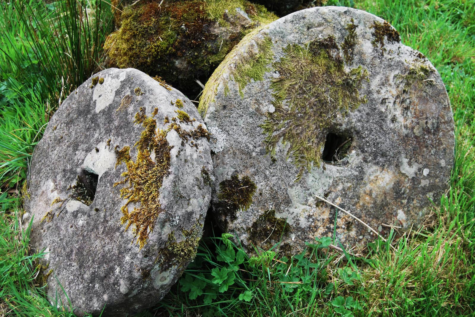 two millstones overgrown with grass and moss