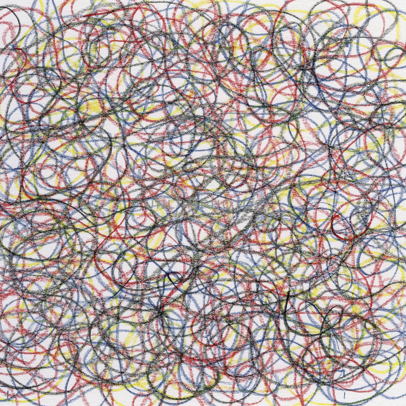 hand-drawn crayon circular scribble on white paper, red, blue, black and yellow lines