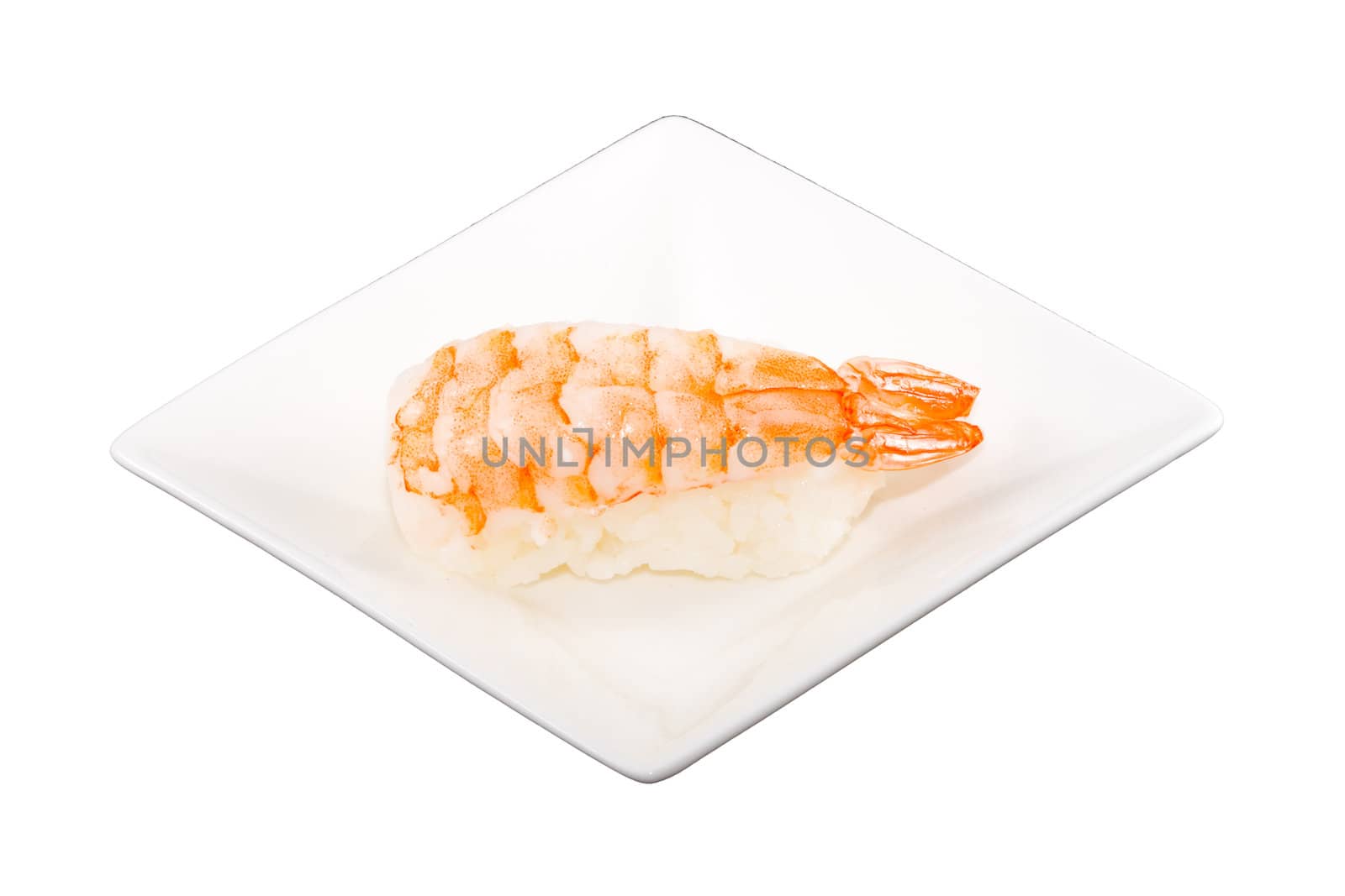 a square white plate with a piece of sushi