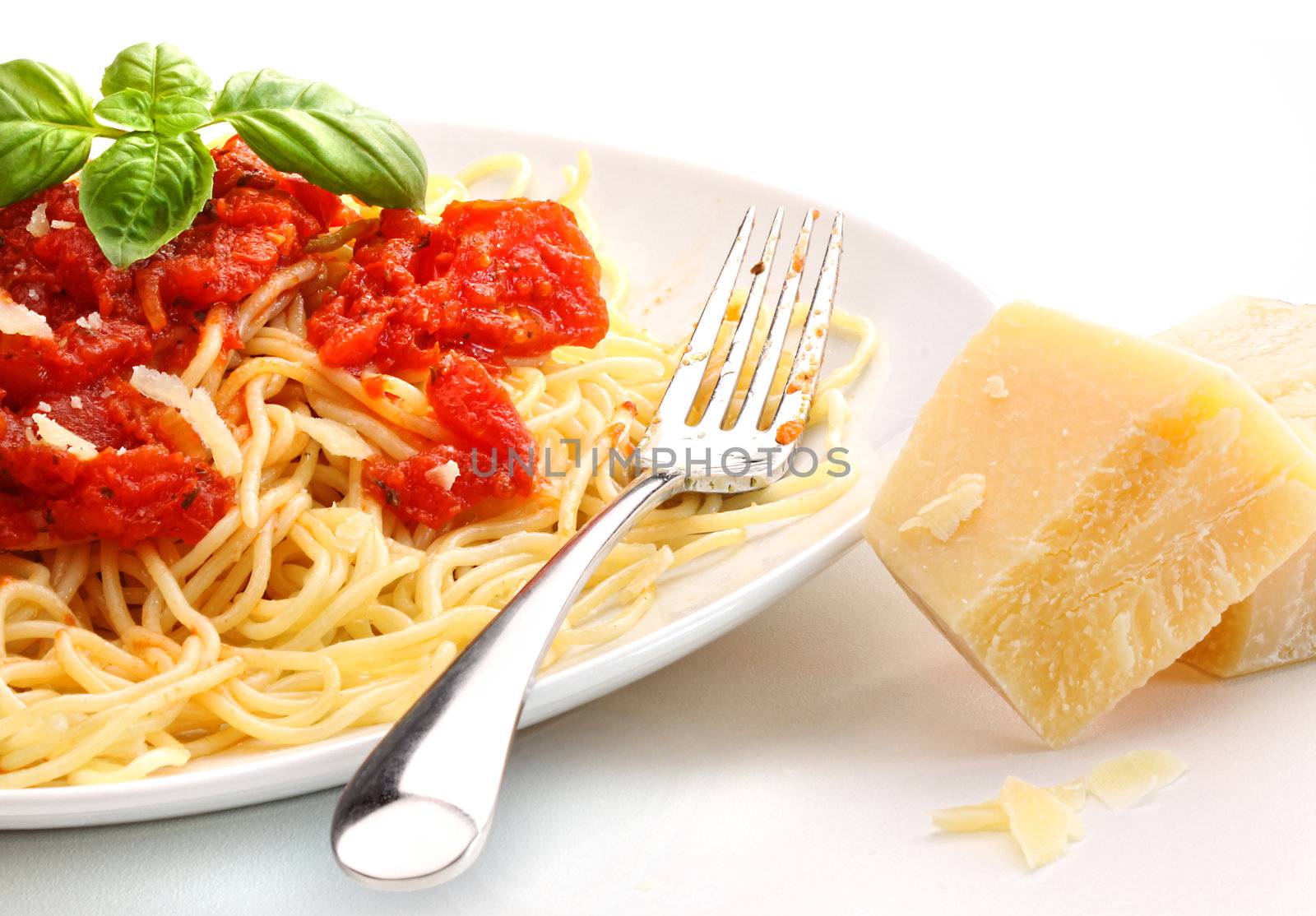 Freshly cooked spaghetti noodles with homemade tomato sauce and fresh basil