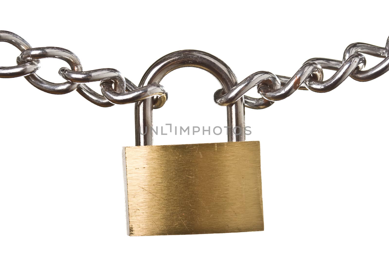 Security concept - padlock on chain isolated on white background