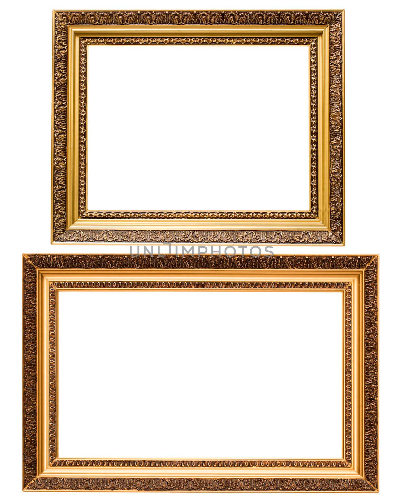 Two gold plated wooden picture frames isolated by dimol