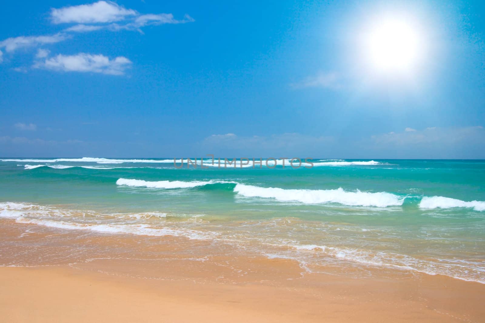 Peaceful beach scene with ocean and blue sky