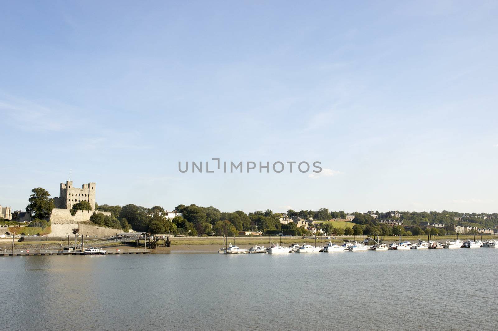 A view of Rochester Castle and Cathedral from across the river Madway