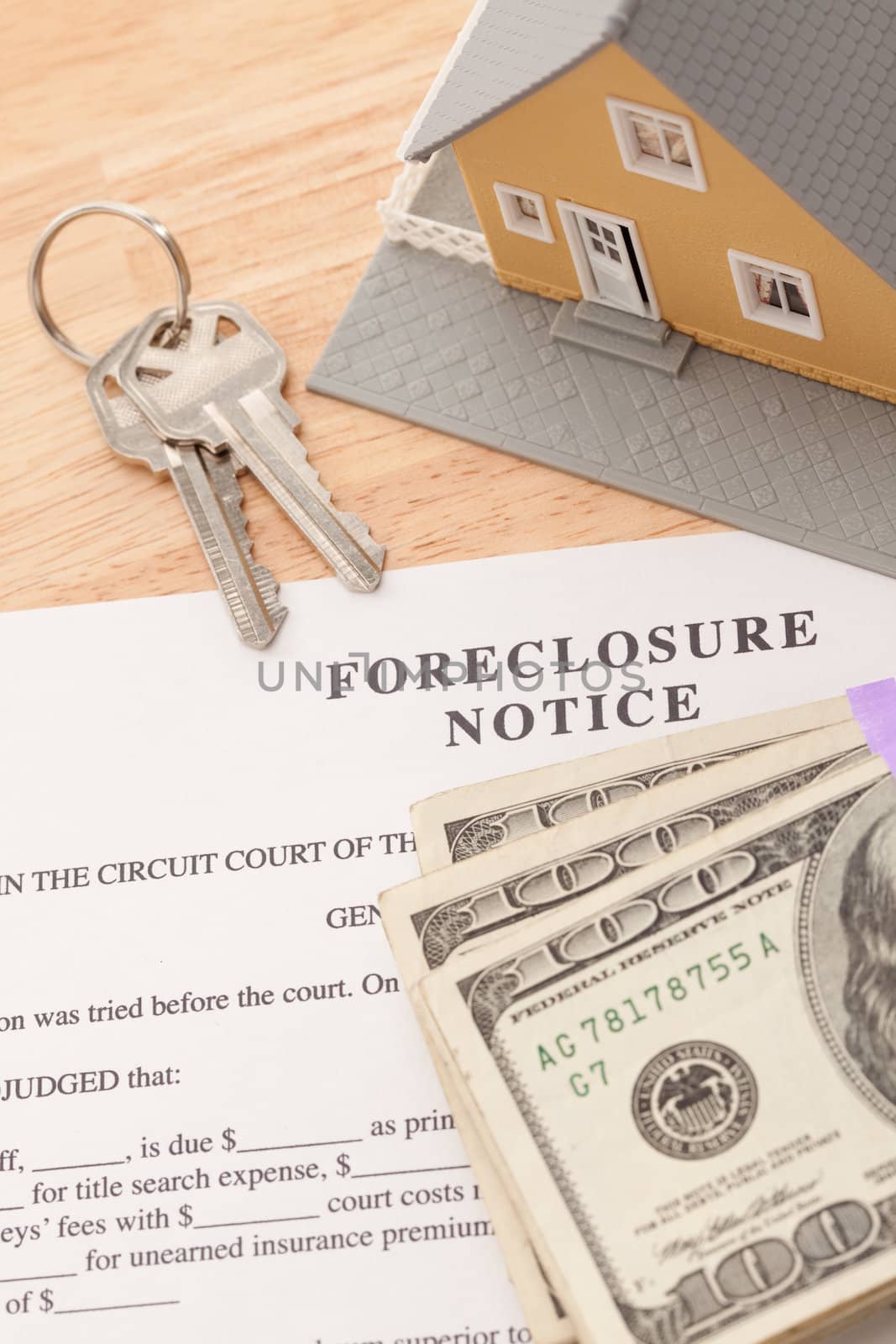 Foreclosure Notice, Home, House Keys and Stack of Money - Cash for Keys Program.