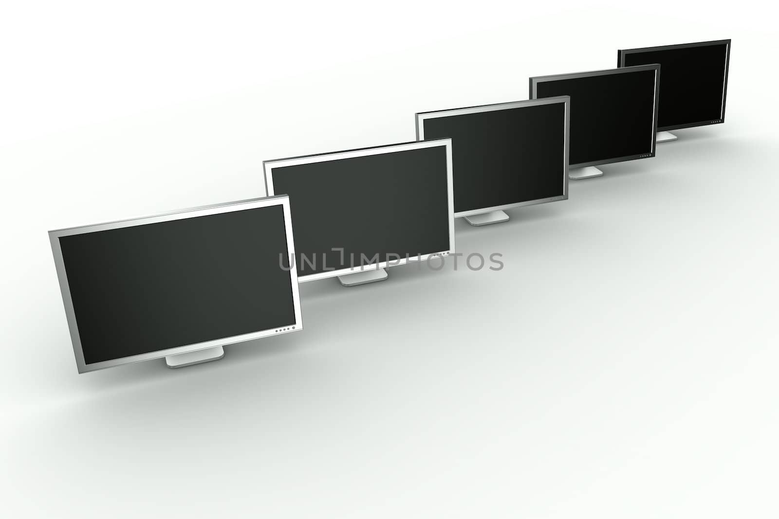 3d rendering of multiple monitors on a row.