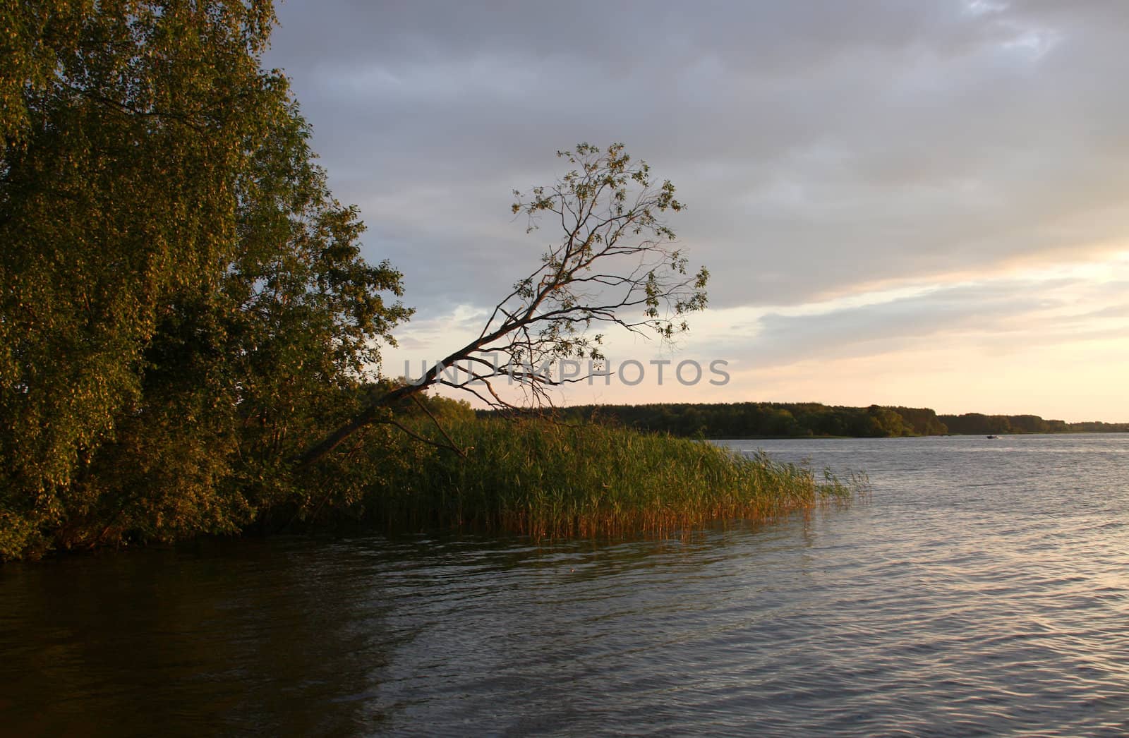 Large river Volga in the dusk with red sunlight