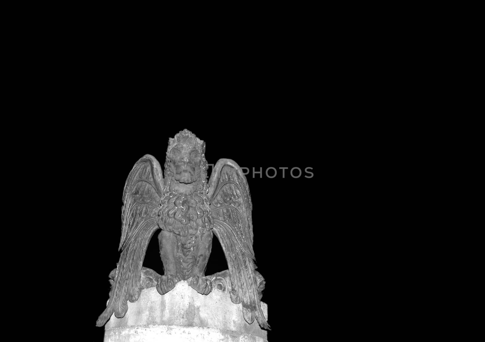 A photograph of a winged lion statue, thought to symbolise strength, swiftness, speed, intelligence, divinity, St Mark, and the city of Venice in Italy. The photograph was taken in Sheffield, England and is isolated on a black background with copy space