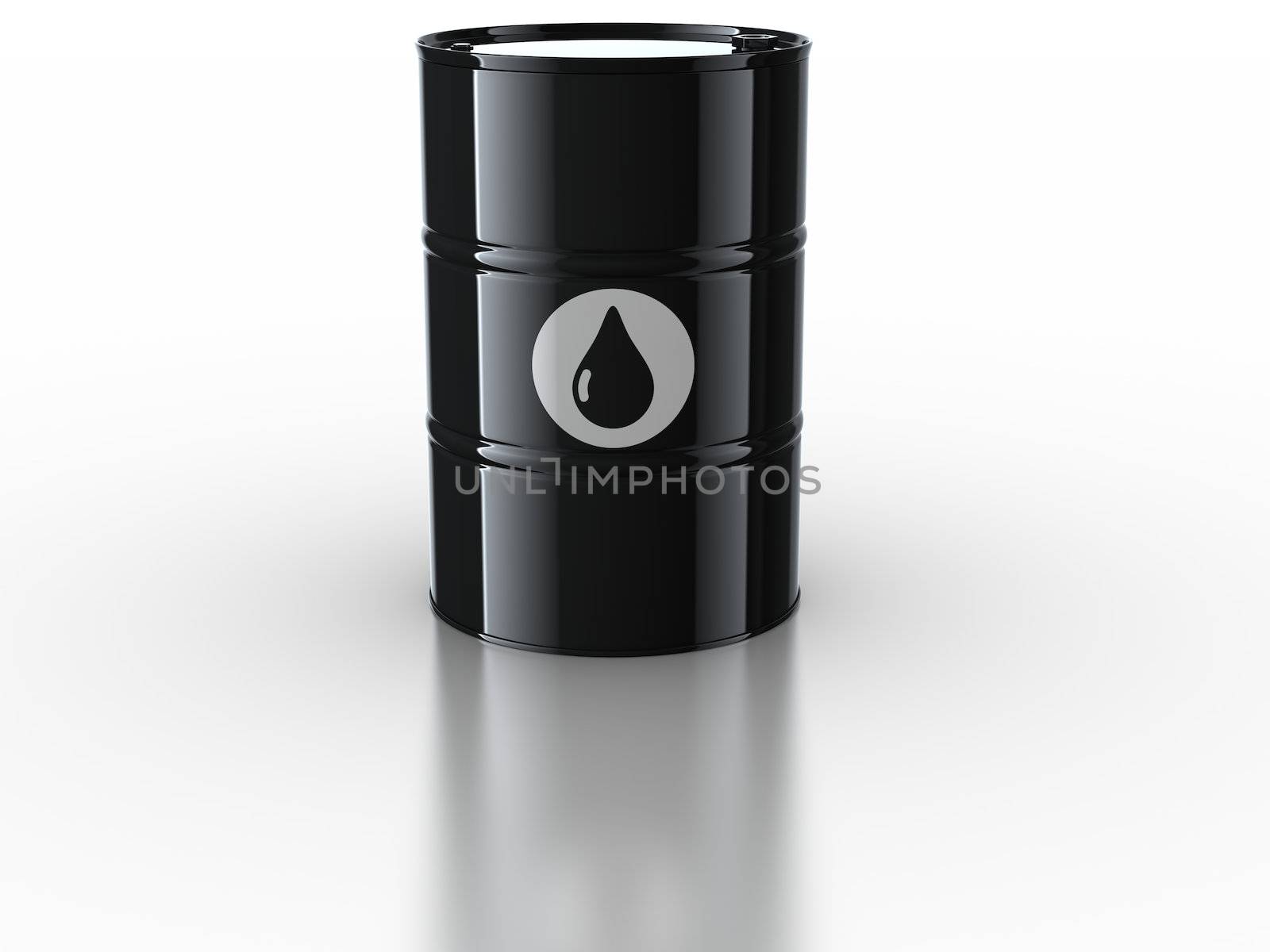 3d rendering of oil drum on reflective white floor