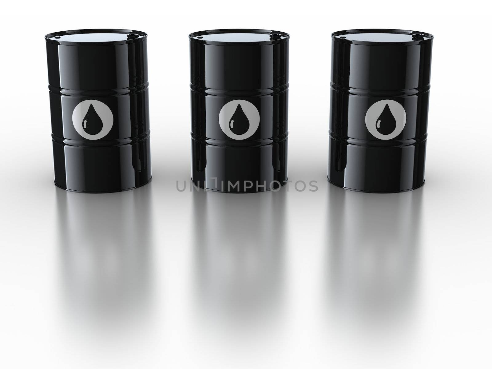 3d rendering of oil drums on reflective white floor