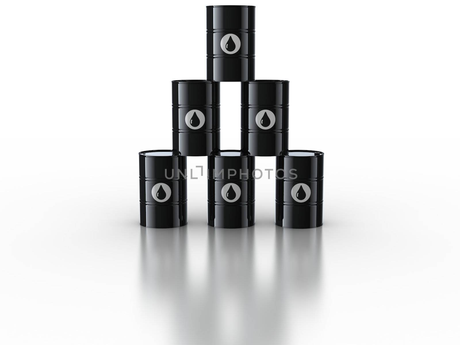 3d rendering of oil drums on reflective white floor