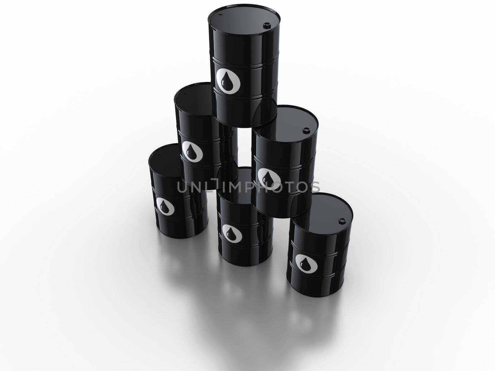 3d rendering of oil drums on reflective white floor