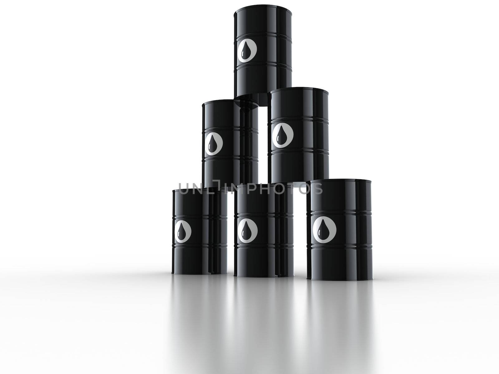 3d rendering of oil drums on reflective white floor