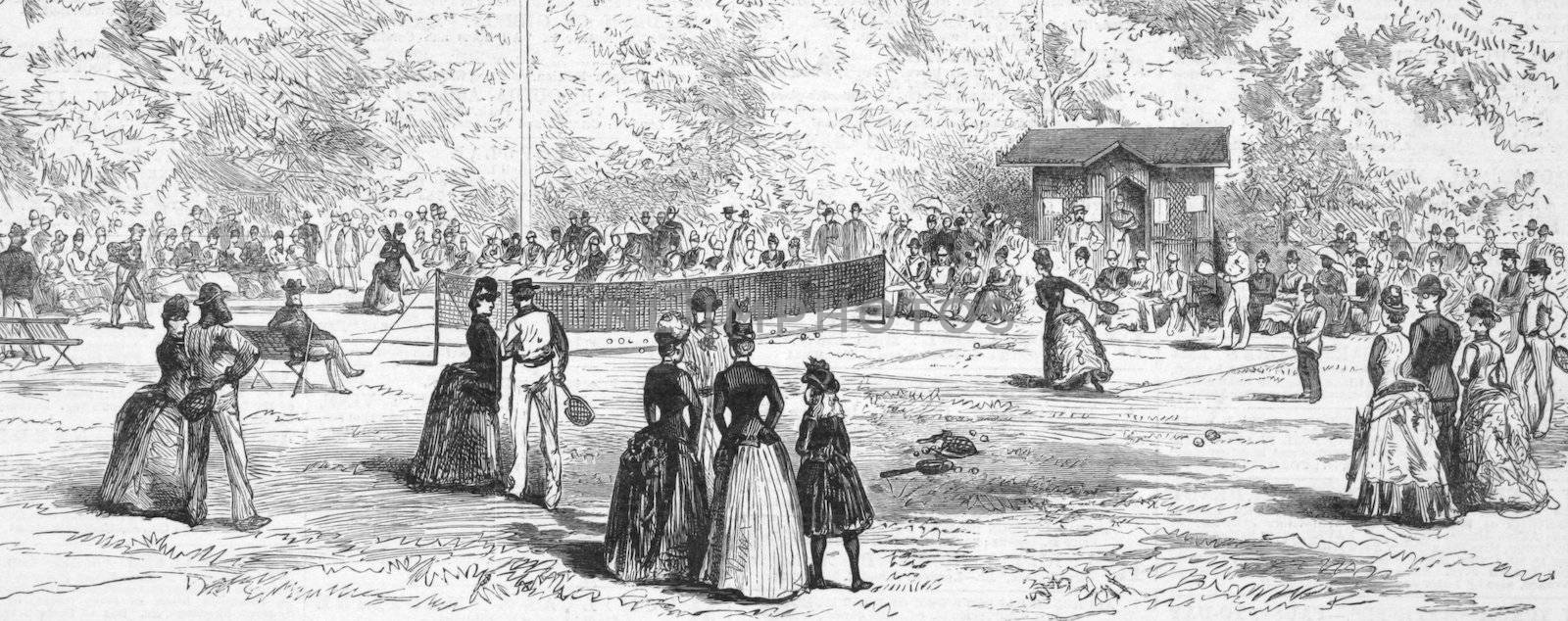 19th Century Tennis in Homburg, Germany on engraving from the 1800s. Published by Illustrated London News in 1887.