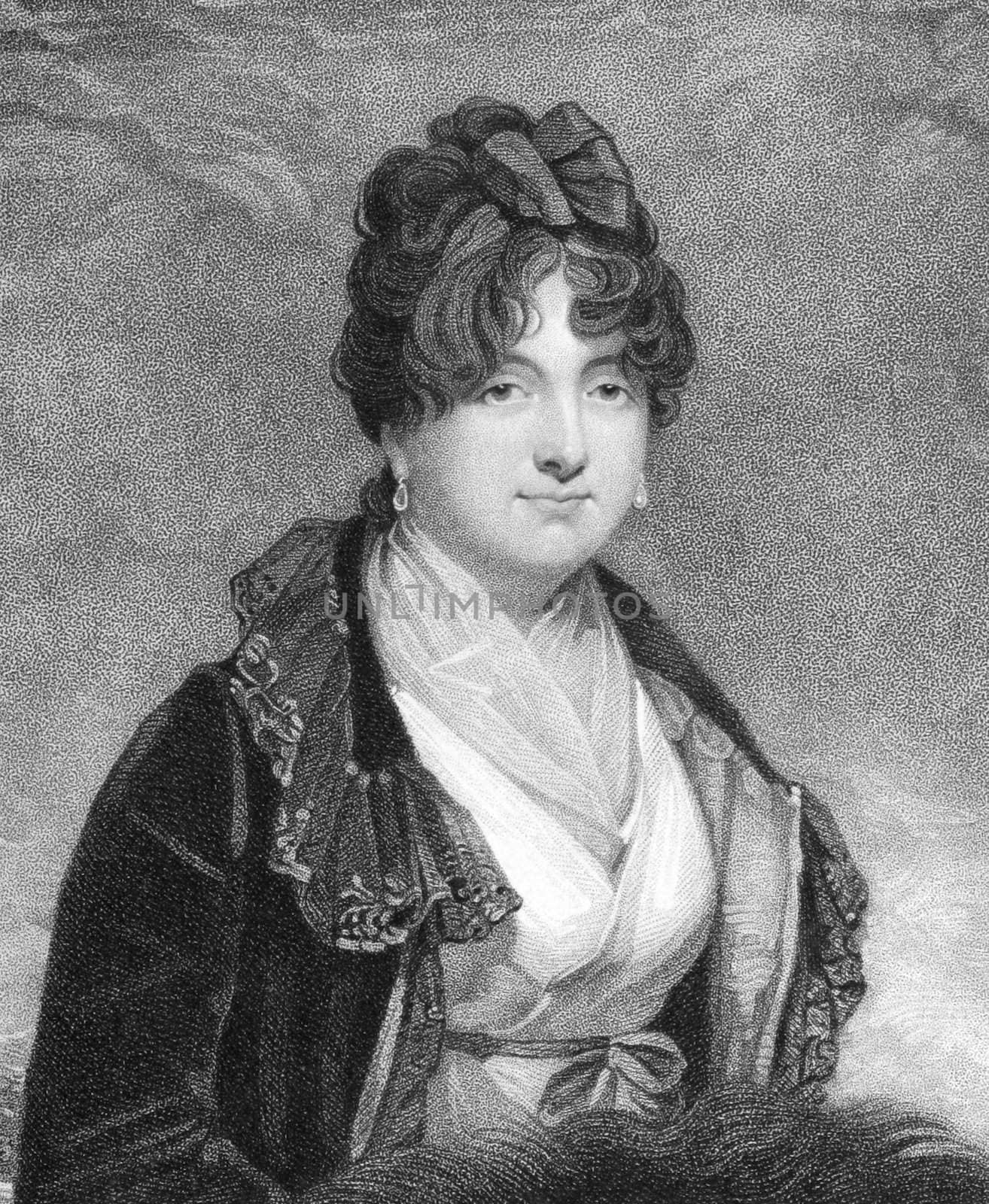 Charlotte Spencer, Countess Spencer (1835-1903) on engraving from the 1800s. Daughter of the Earl of Lucan. Married to 2nd Earl Spencer. Famed for her beauty and intelligence. Engraved by T.Williamson after a picture by M.A.Shee and published for J.Bell in 1813.
