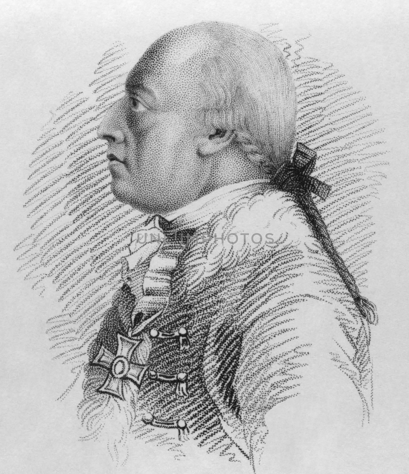 Dagobert Sigmund von Wurmser (1724-1797) on engraving from the 1800s. Austrian field marshal during the French Revolutionary Wars. Mostly remembered for his unsuccessful operations against Napoleon Bonaparte during the 1796 campaign in Italy. Published in London by Jones in 1807.