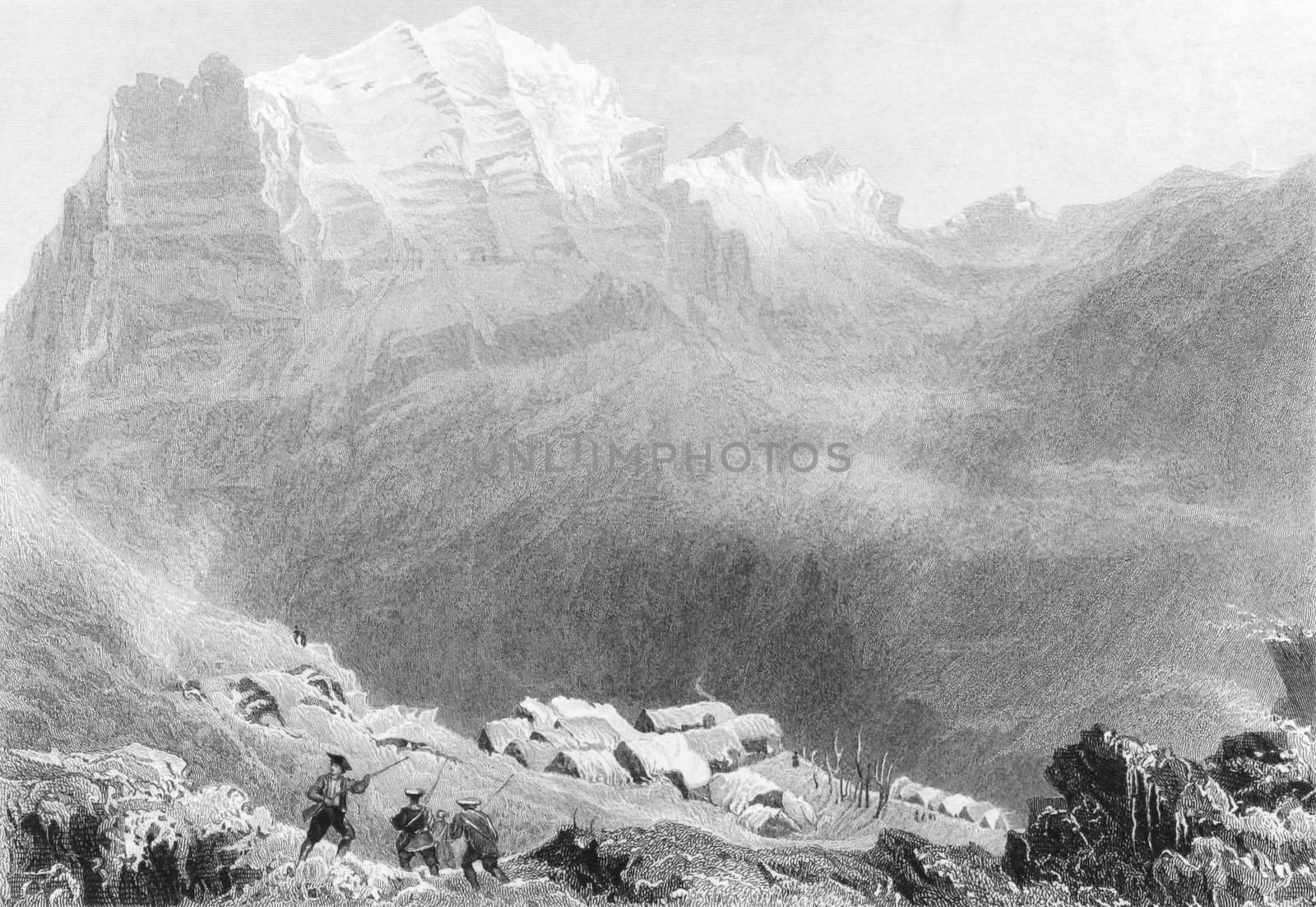 Dormeilleuse, High Alps, scene of Felix Neff's labours. Swiss Protestant, divine and philanthropist that devoted himself entirely to evangelistic work. Engraved by H. Adlard after a picture by Bartlett, published by Fisher, son &  Co in 1844.