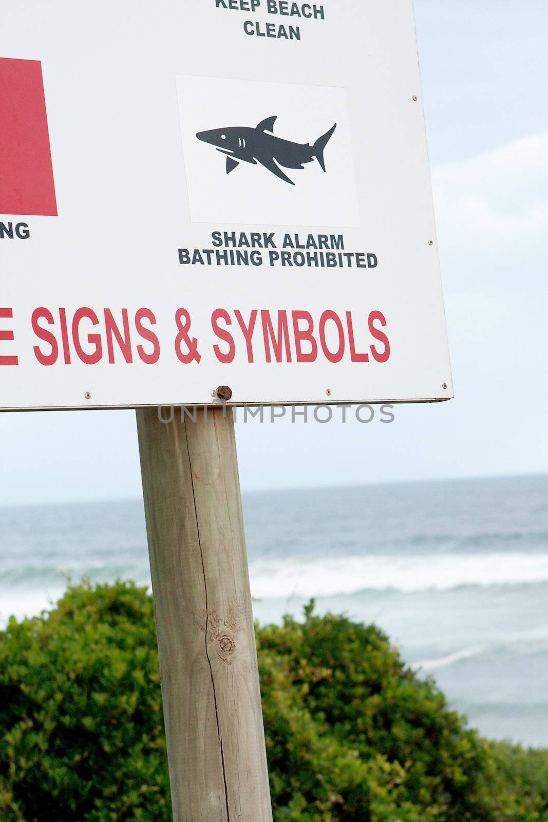 Shark alert symbol on a beach sign with waves in background
