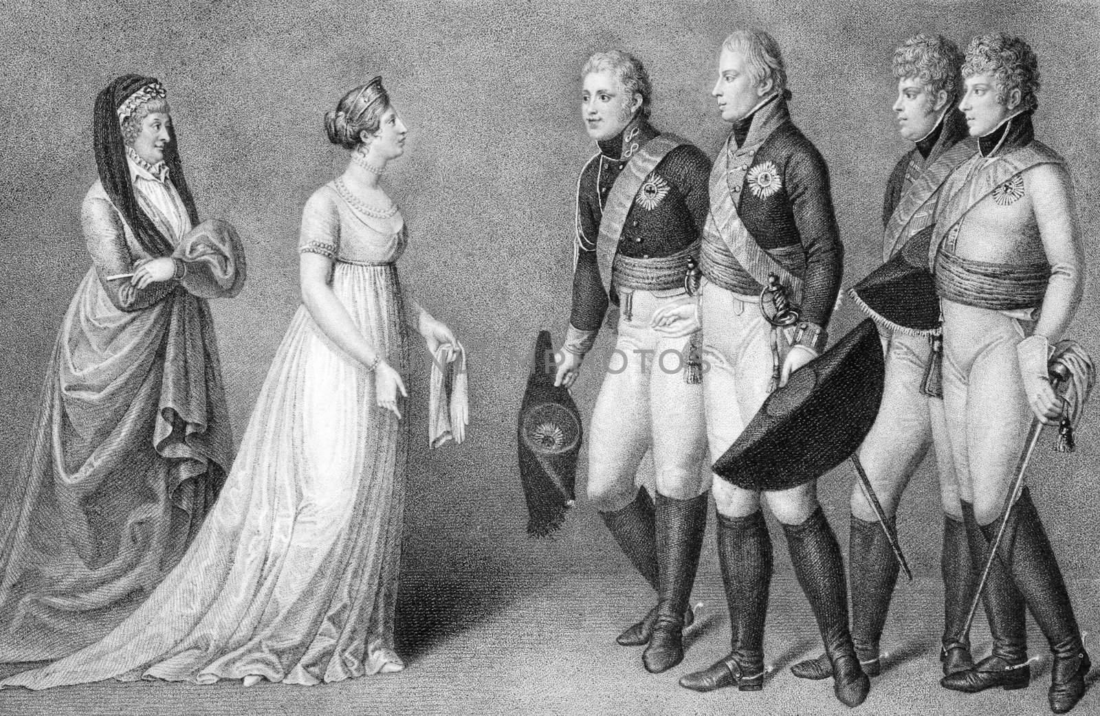 Frederick William and Louisa of Prussia romance scene on engraving from the 1800s.