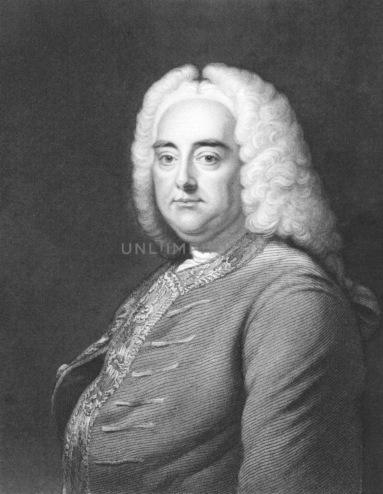 George Frideric Handel (1685-1759) on engraving from the 1800s. German Baroque composer best known for his operas, oratorios and concertos. Engraved by J.Thomson and published in London by Charles Knight, Pall Mall East.