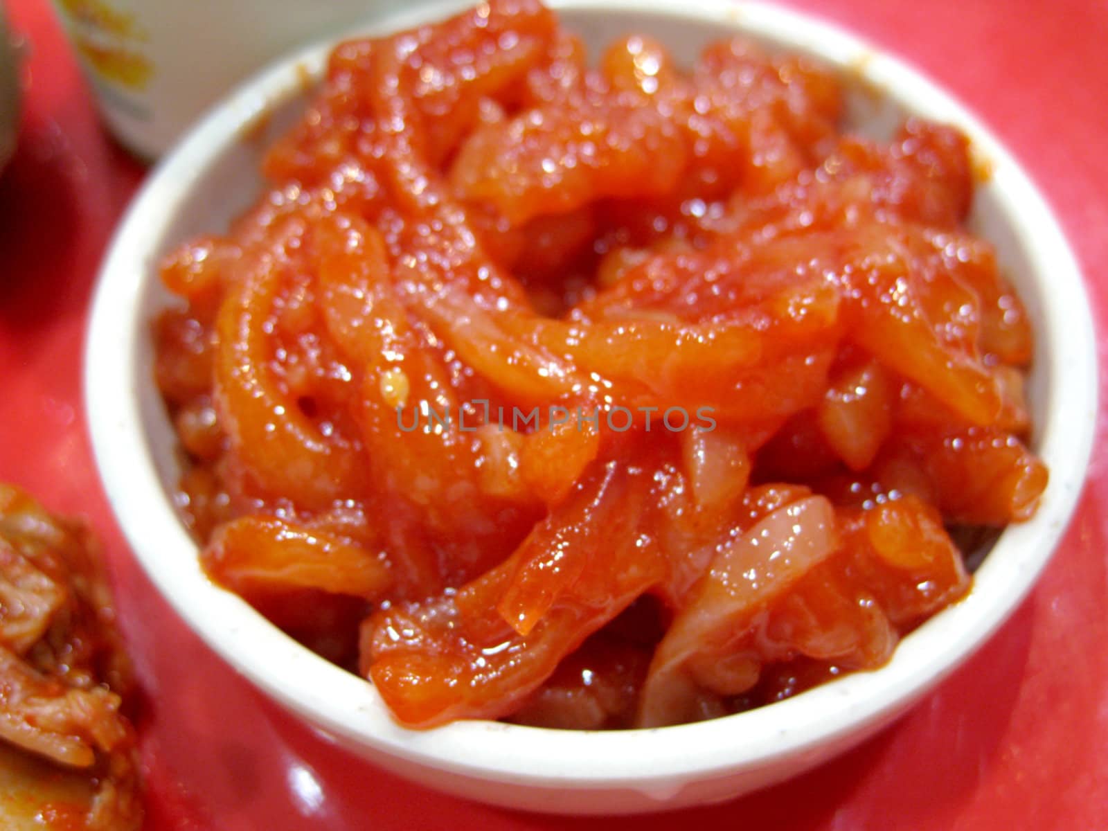 close up for squid kimchi, korean food