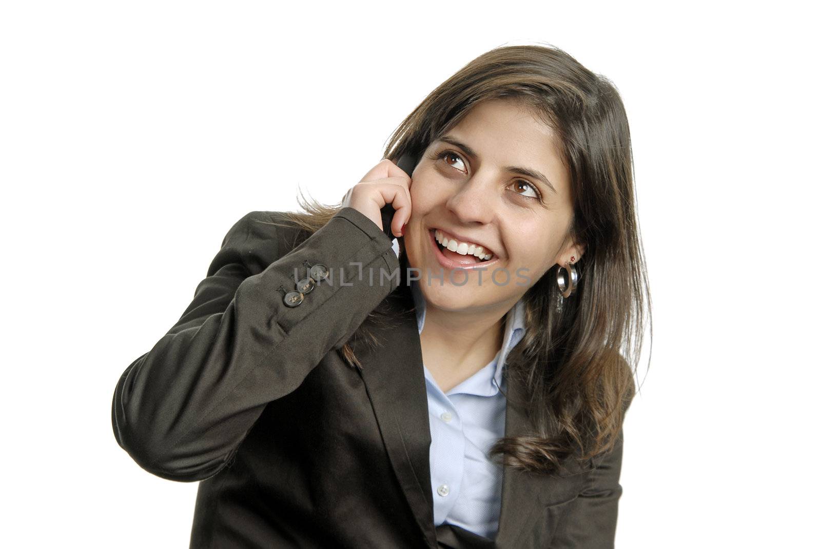 business woman on the phone over a white background