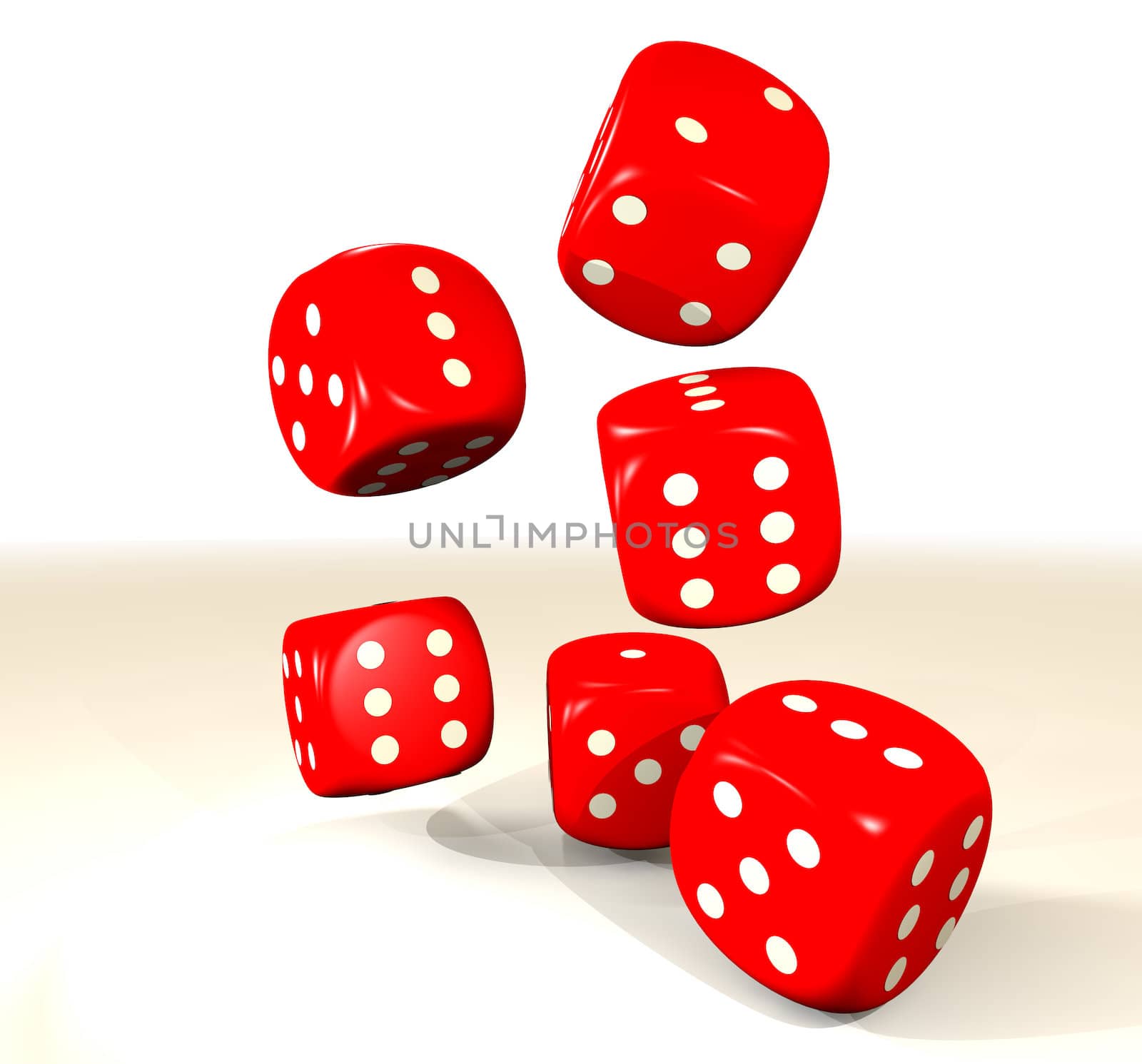 collection of six red dice with white dots and white background