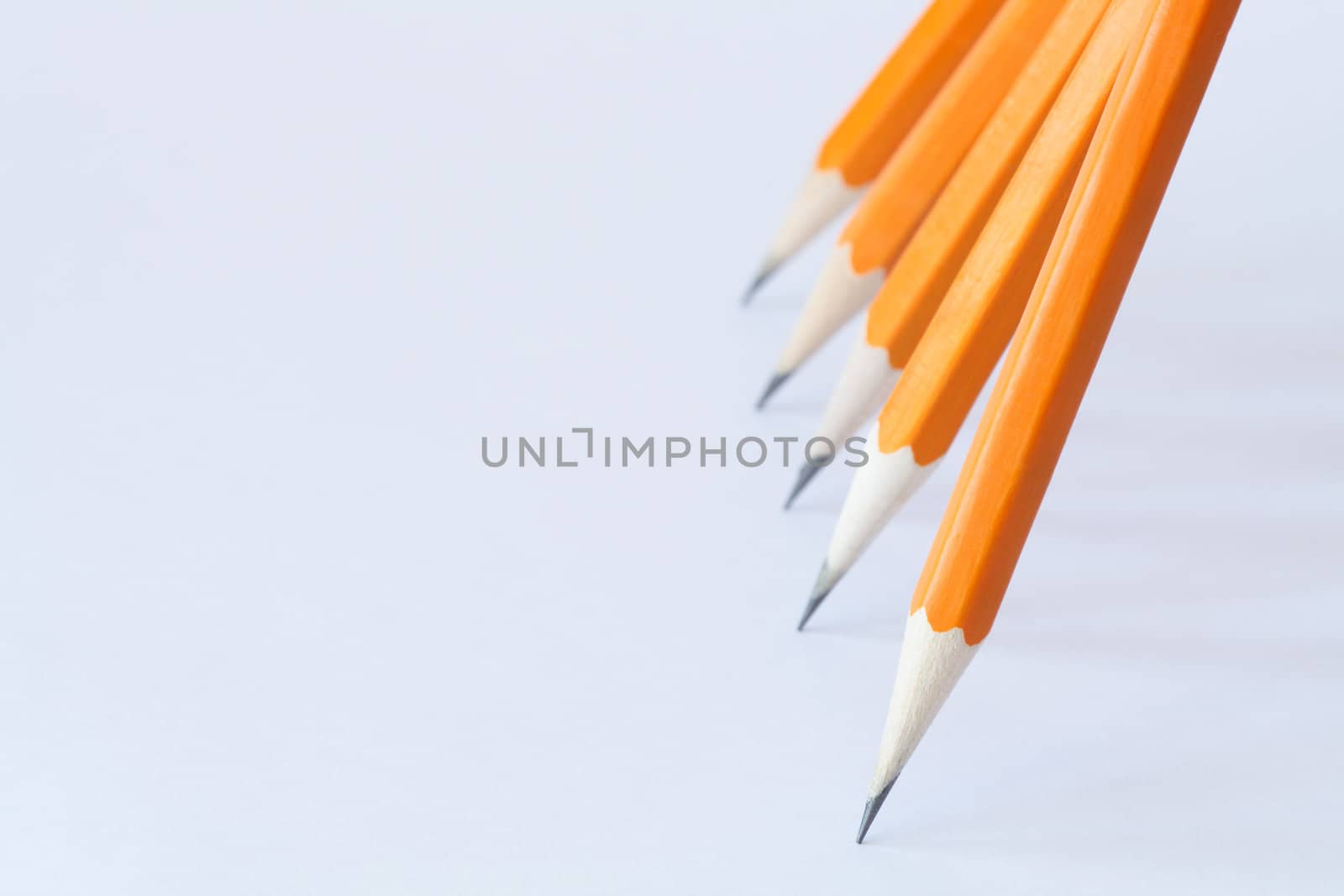 Few wooden yellow pencils standing in a row on gray background with copy space