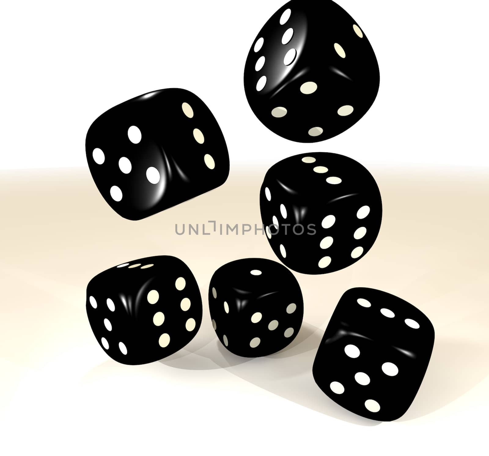 collection of six dice with black surface and white dots