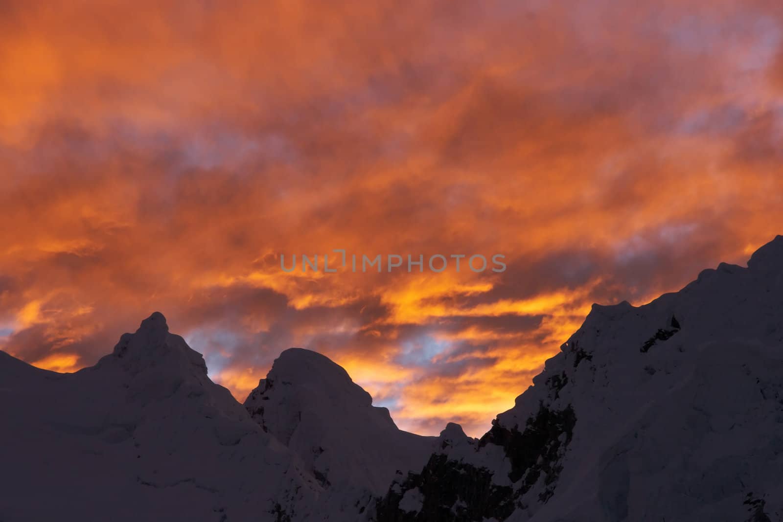 Colorful sunrise in mountains, Cordillera Blanca, Peru.