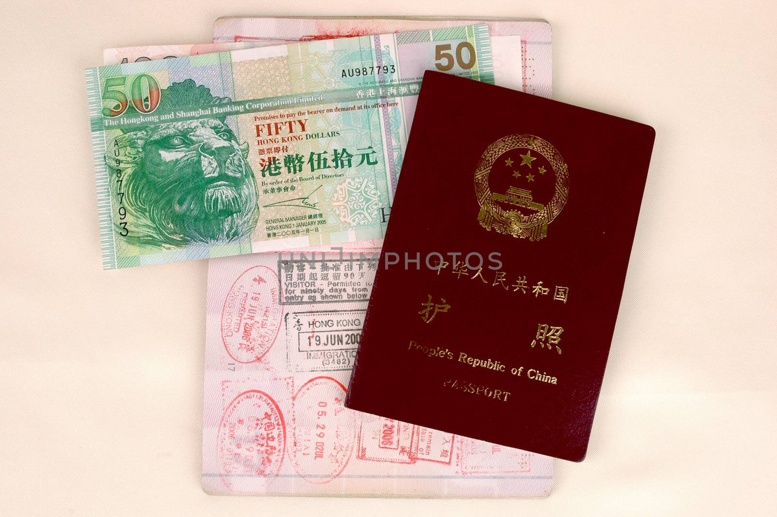 European passport, Chinese passport, stamps from Hongkong and China borders together with Hongkong dollars banknotes.