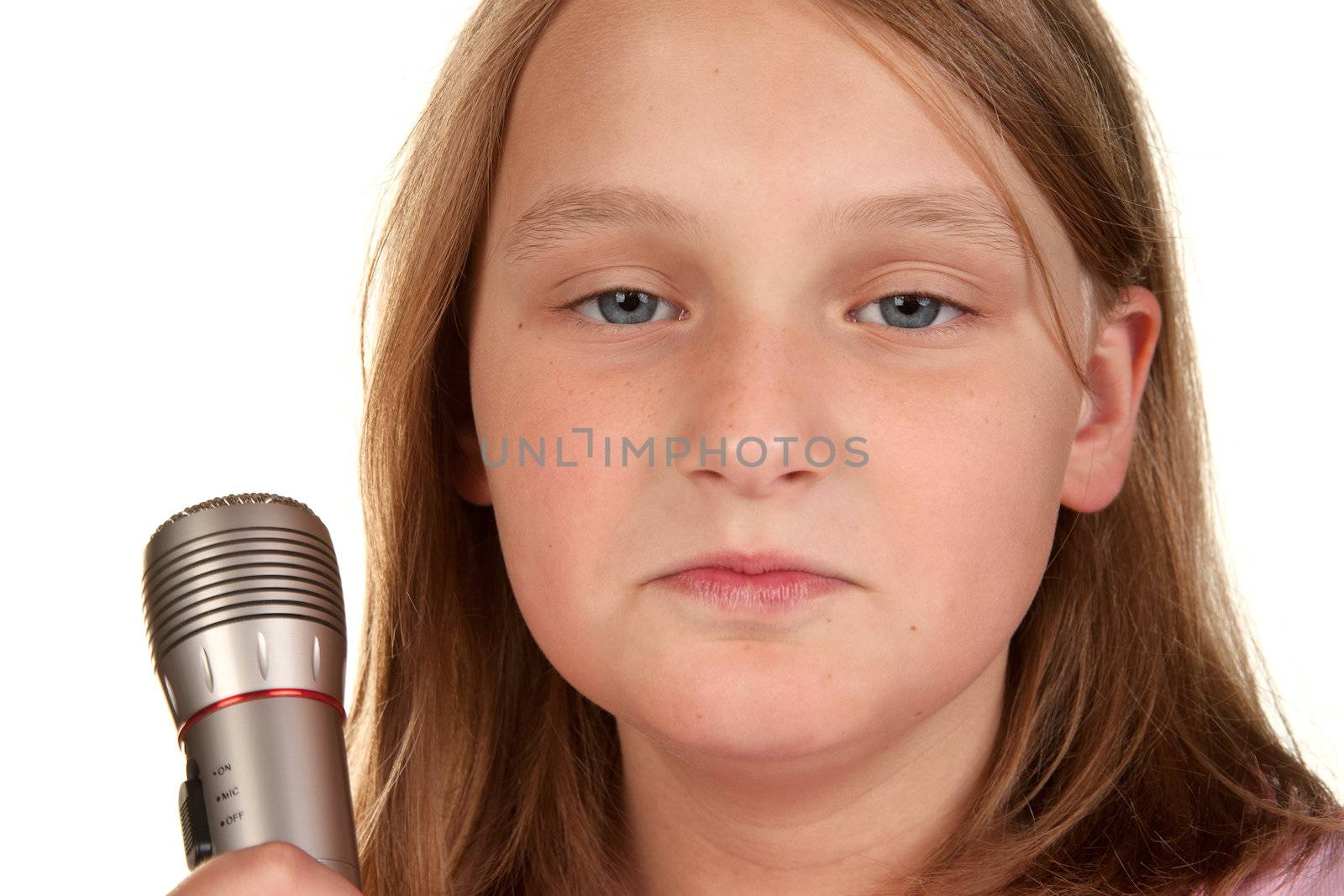 unhappy young girl with microphone isolated on white