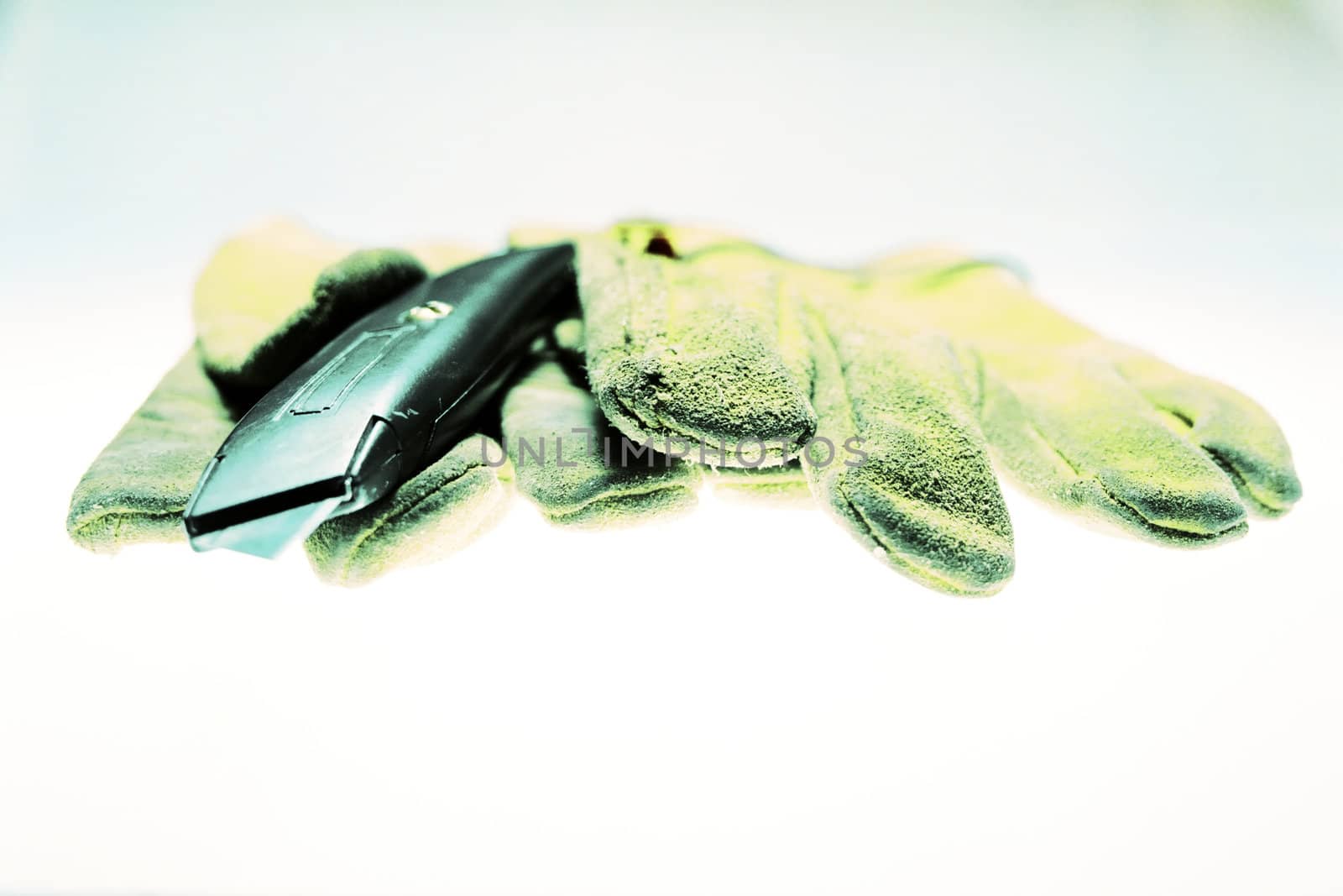 Old leather gloves and a utility knife. I never did like thse gloves much, but I like the picture.