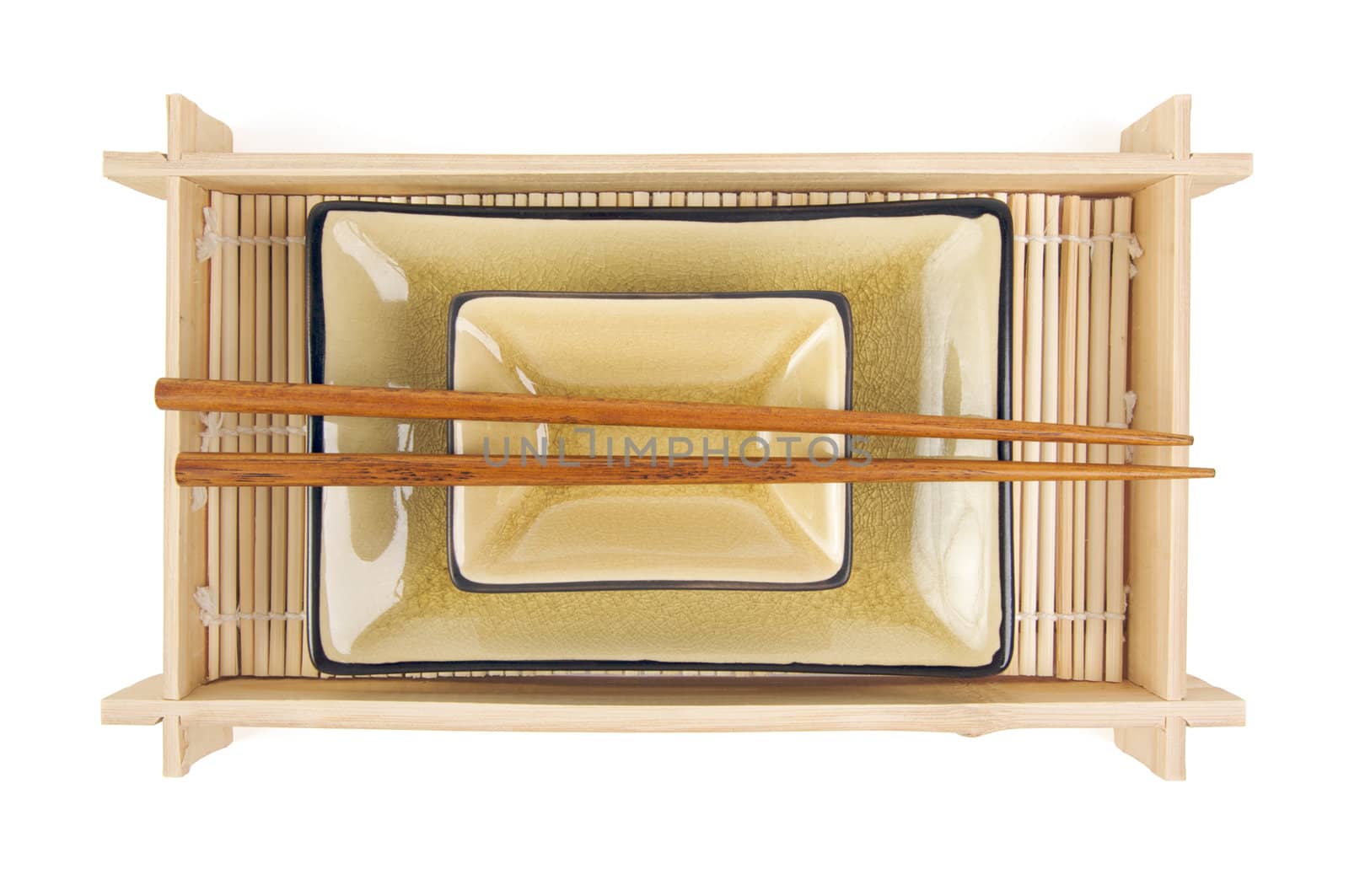 Abstract Chopsticks and Bowls Isolated on a White Background.
