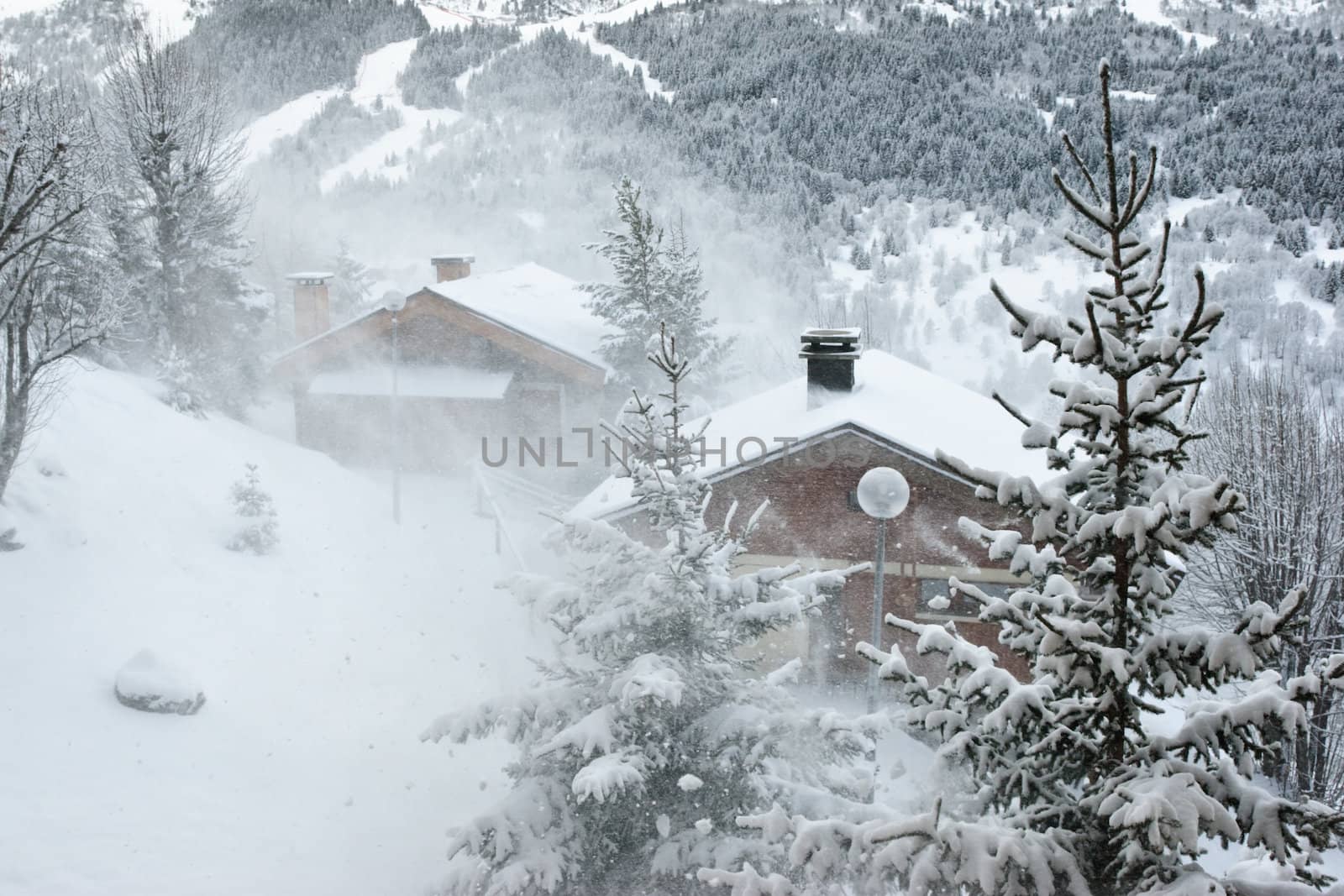 Ski resort at snow storm by naumoid