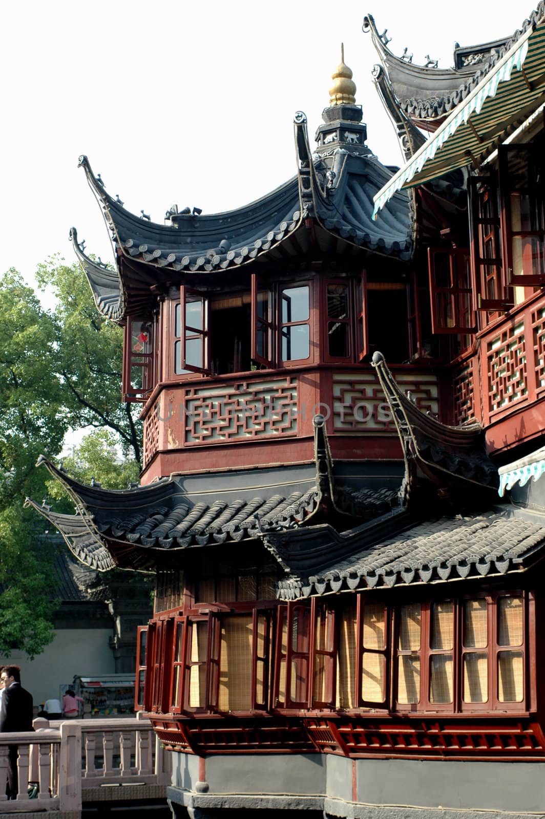 China, Shanghai city. Traditional, ancient Chinese architecture, made of wood. Pagoda in old town called YuYuan (Cheng Huang Miao).