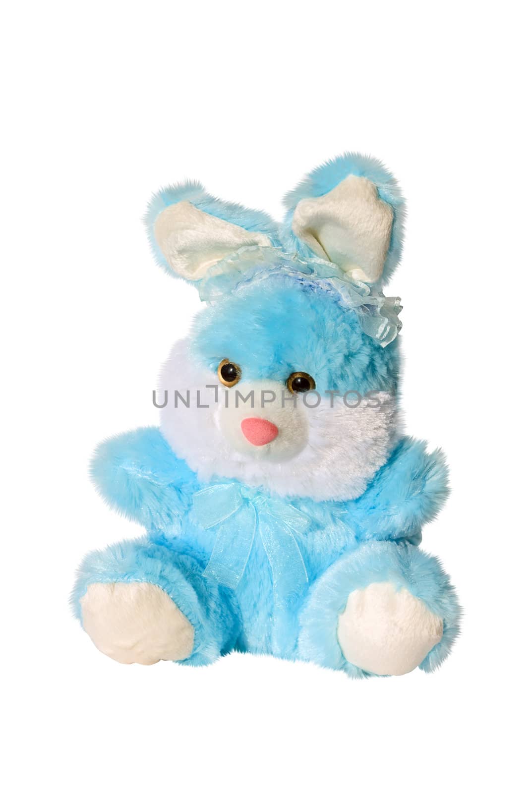 Blue toy rabbit with a bow, isolated on a white background.