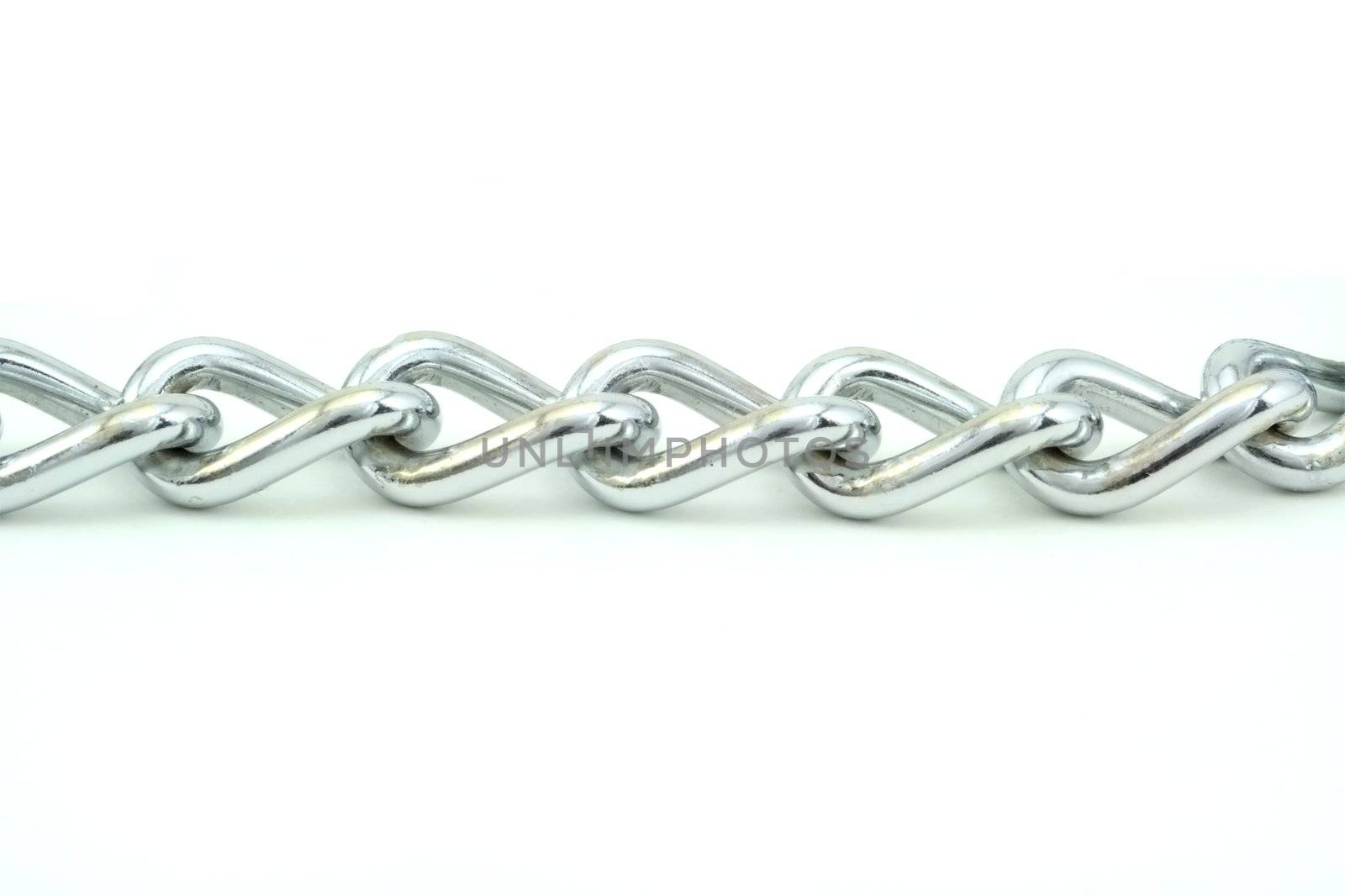 A silver chain un horizontally and isolated on white.