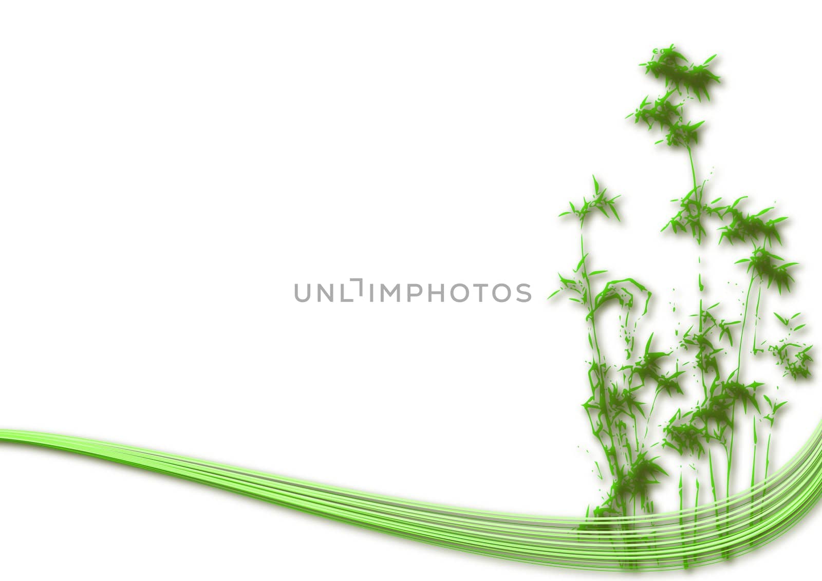 Abstract bamboo illustration with green wind on white background.