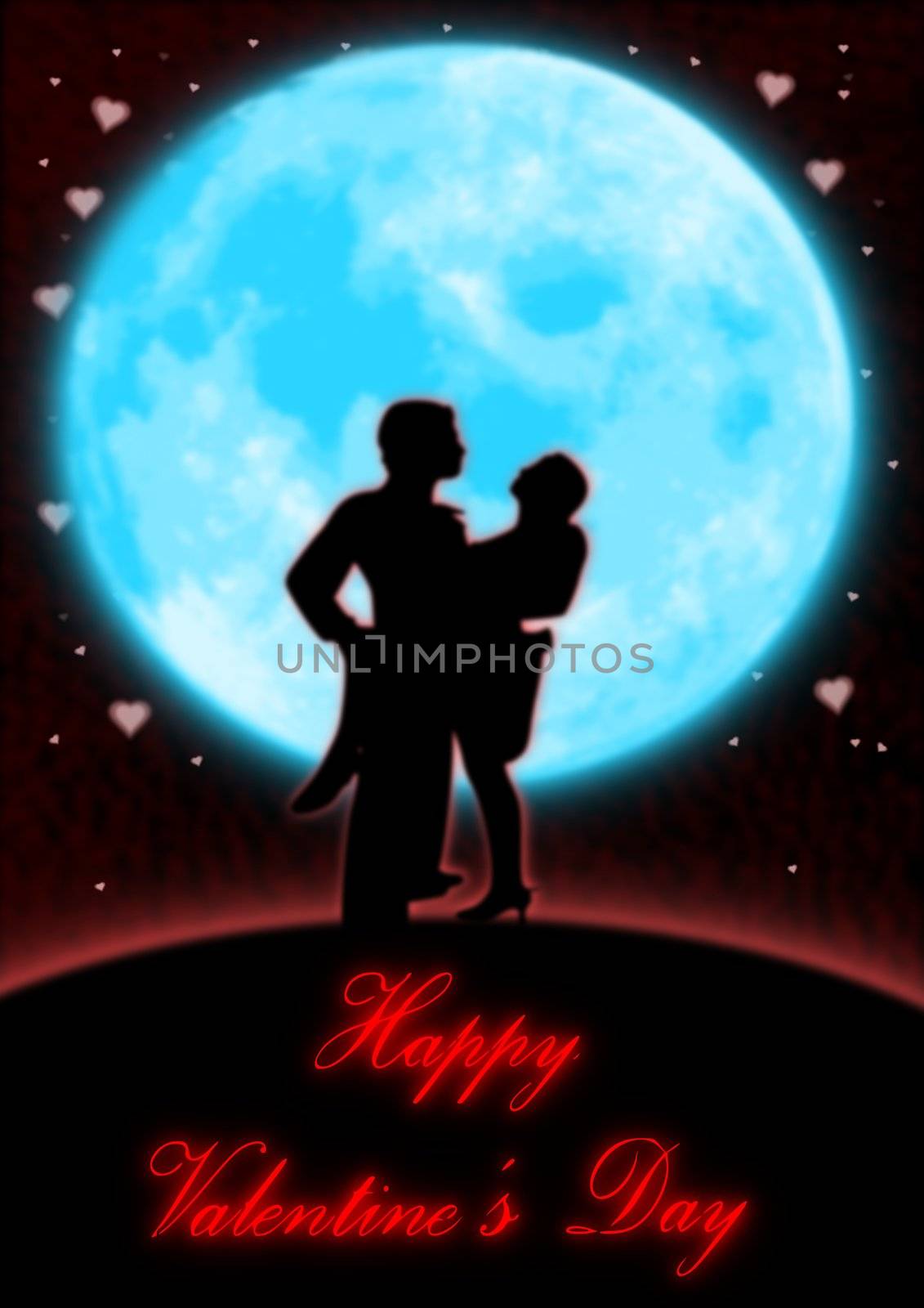 A couple dancing in front of a full blue moon and heart shaped stars.