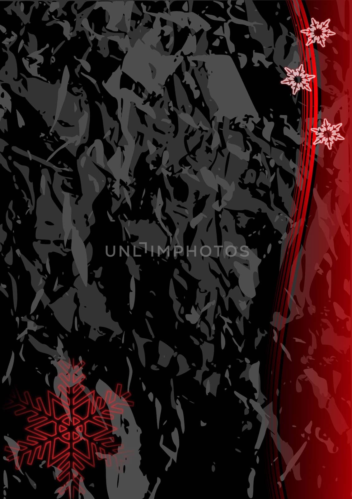 Christmas illustration of glowing red snowflakes and trees  on a black marble like background.