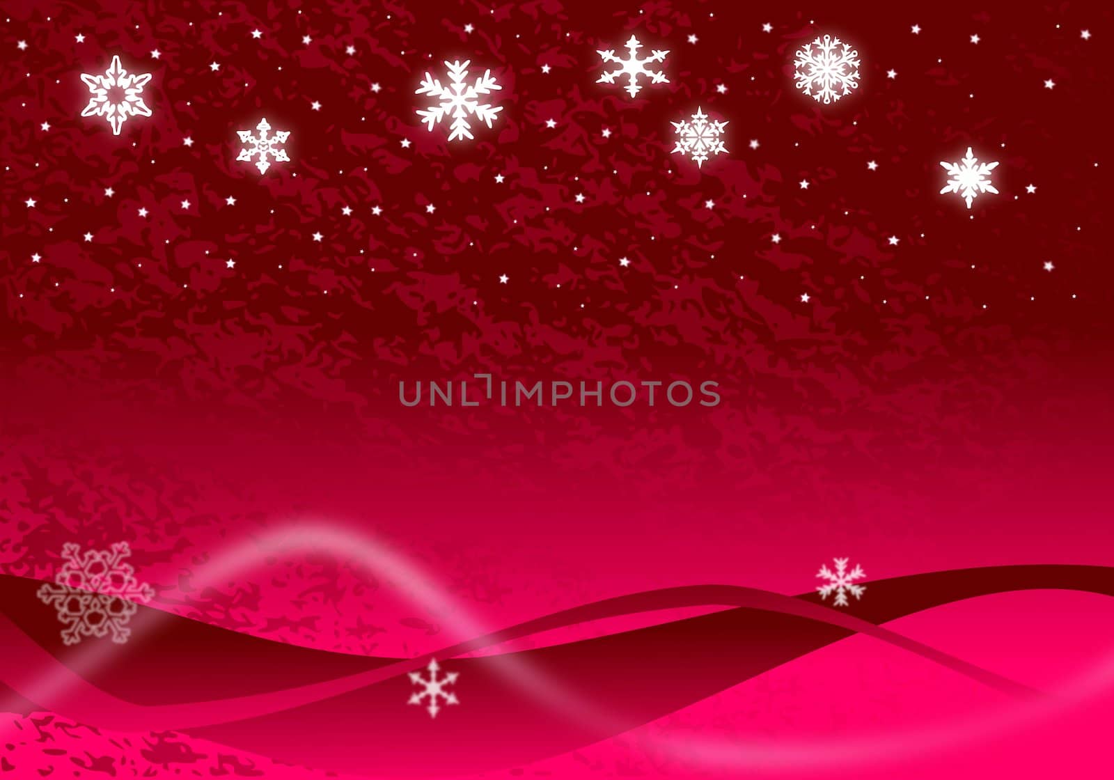 Christmas illustration of glowing snowflakes and stars with abstract snow drifts and blowing snow on red.
