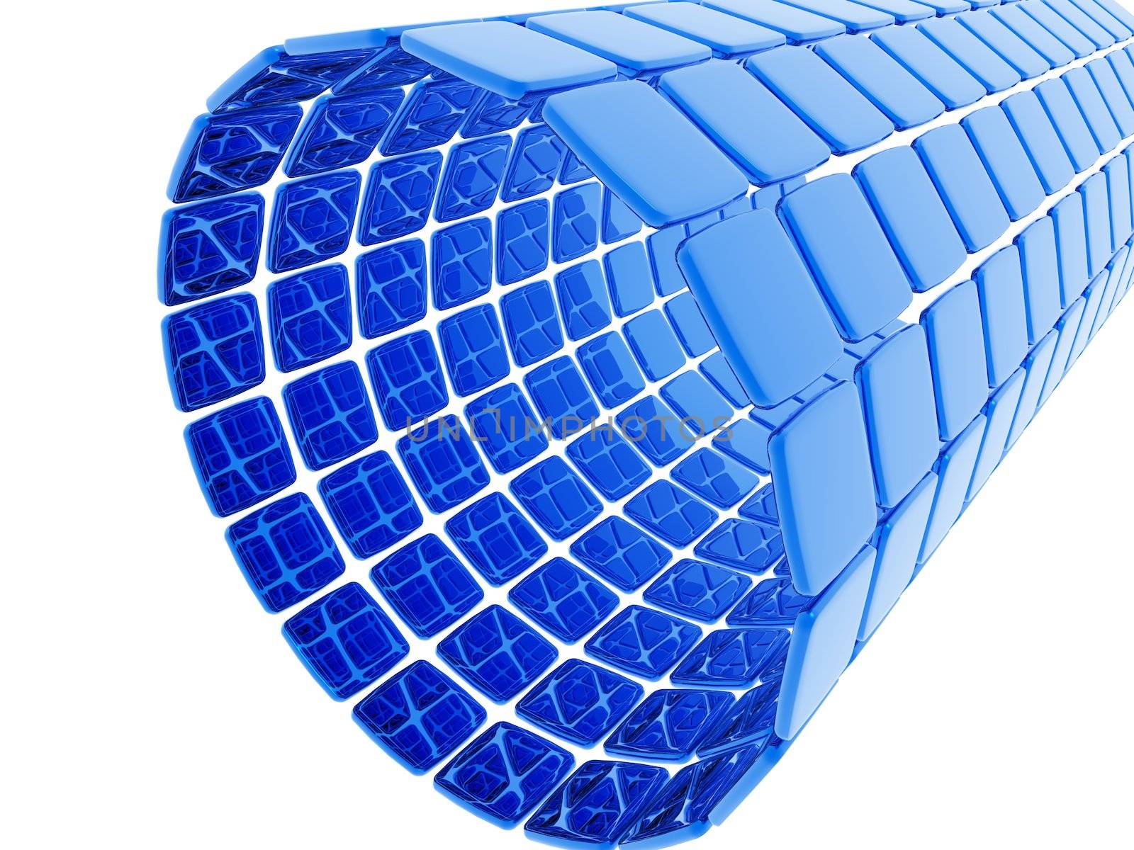 A tube made of three dimensional blue tiles.