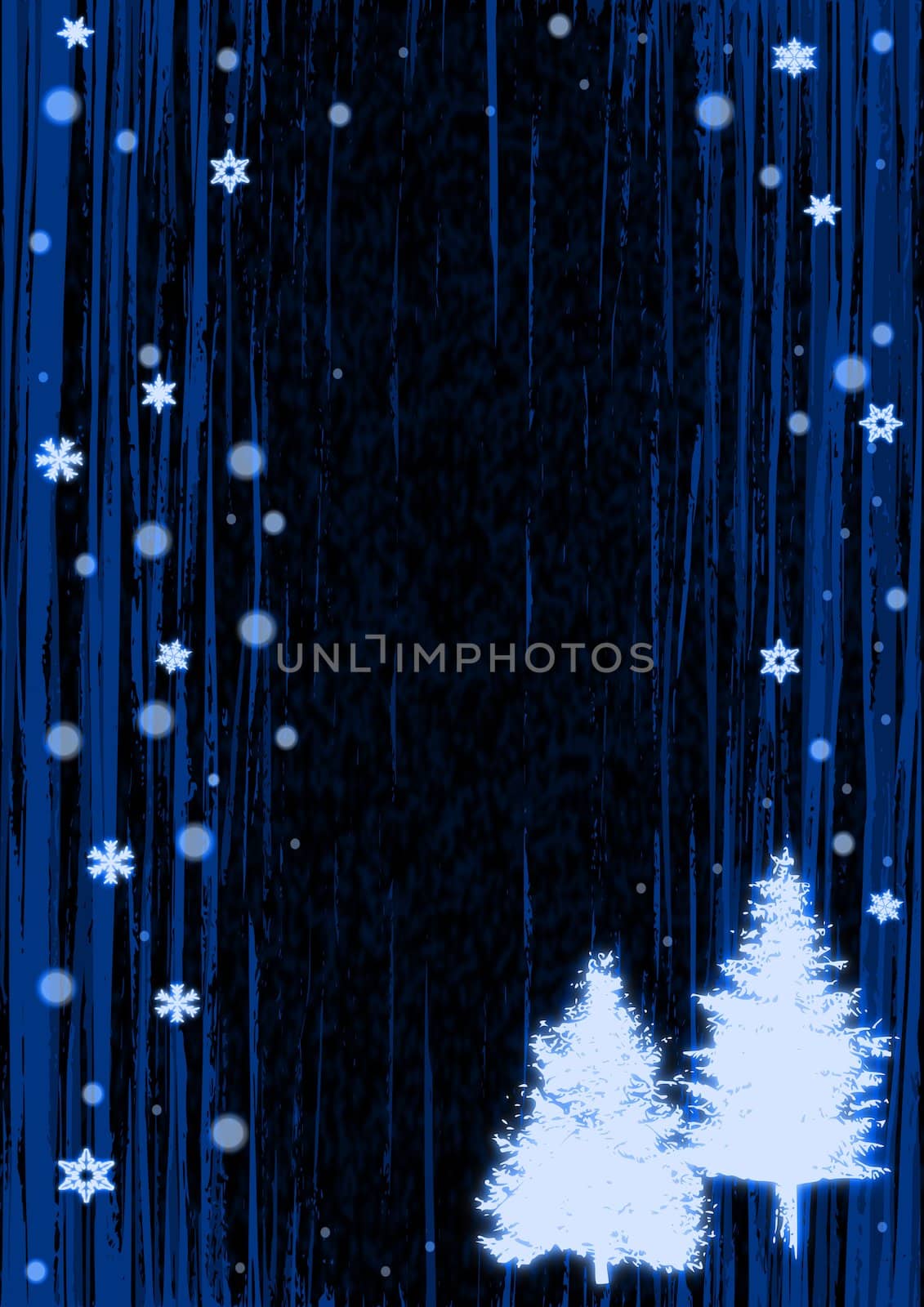 Christmas illustration of glowing blue snowflakes and trees.