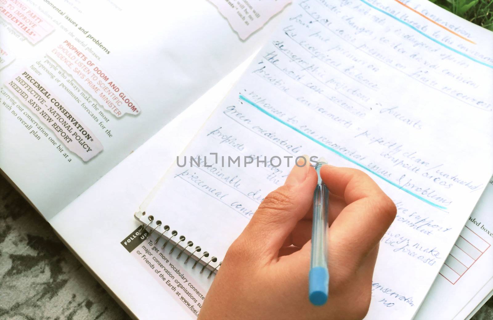 Hand of girl with pen on exercise book